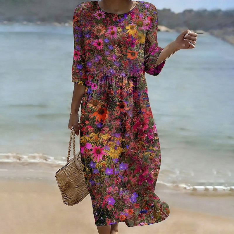 Women's Vintage Colorful Floral Art Print Casual Round-neck Dress