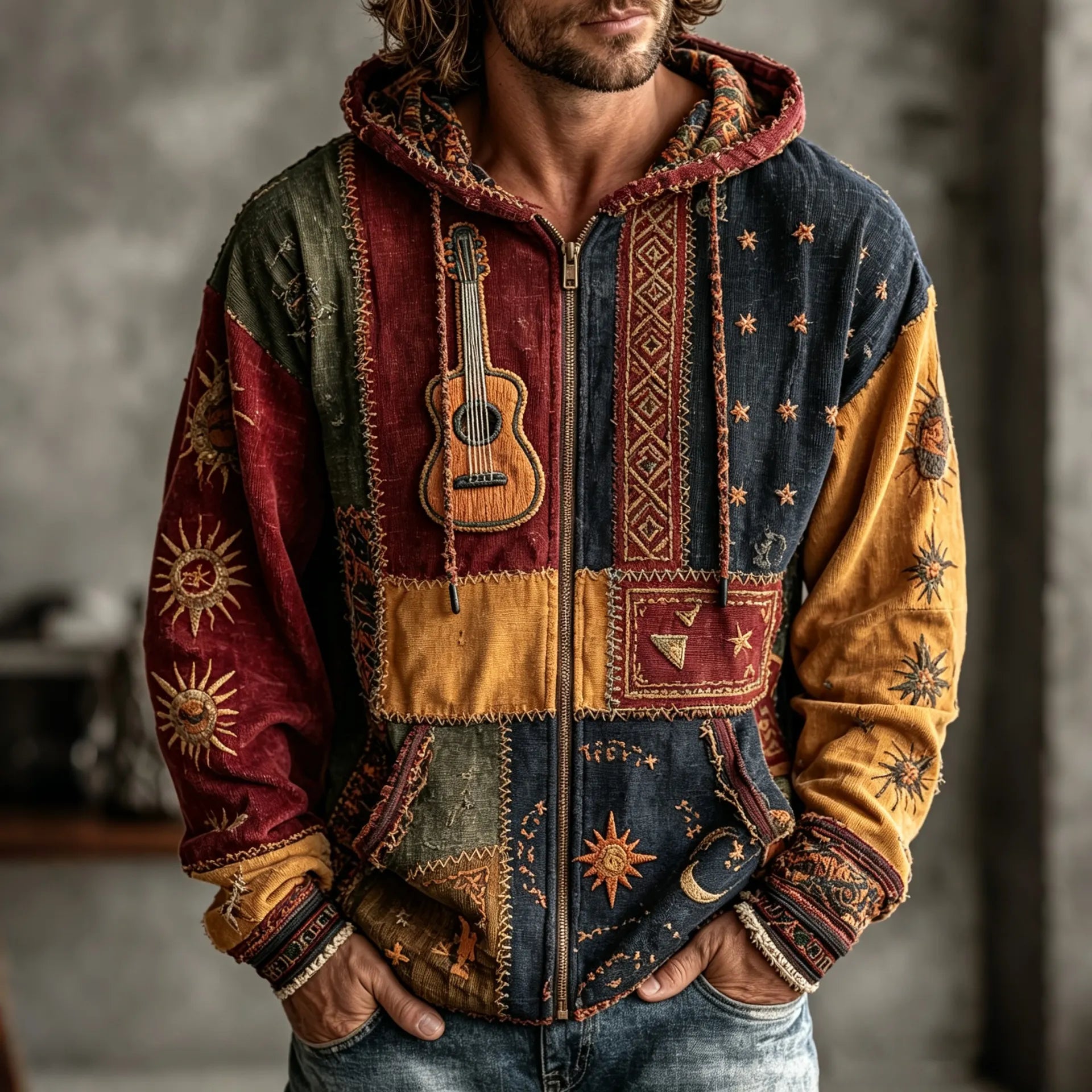 Men's Vintage Sun Moon Star Guitar Patchwork Art Cozy Warm Zipper Hoodie