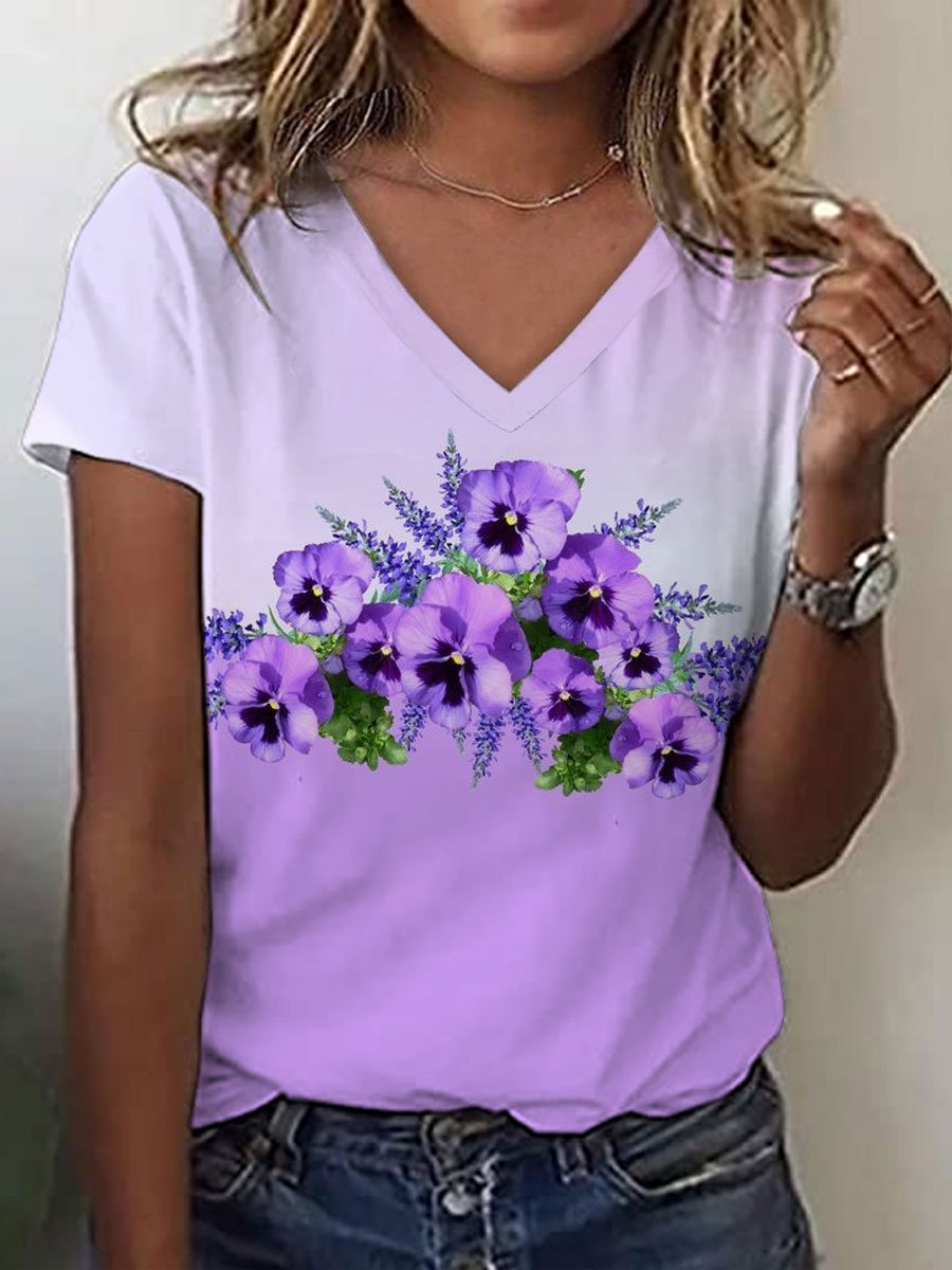 Women's Purple Flower Alzheimer's Awareness Support  Print V-neck T-shirt