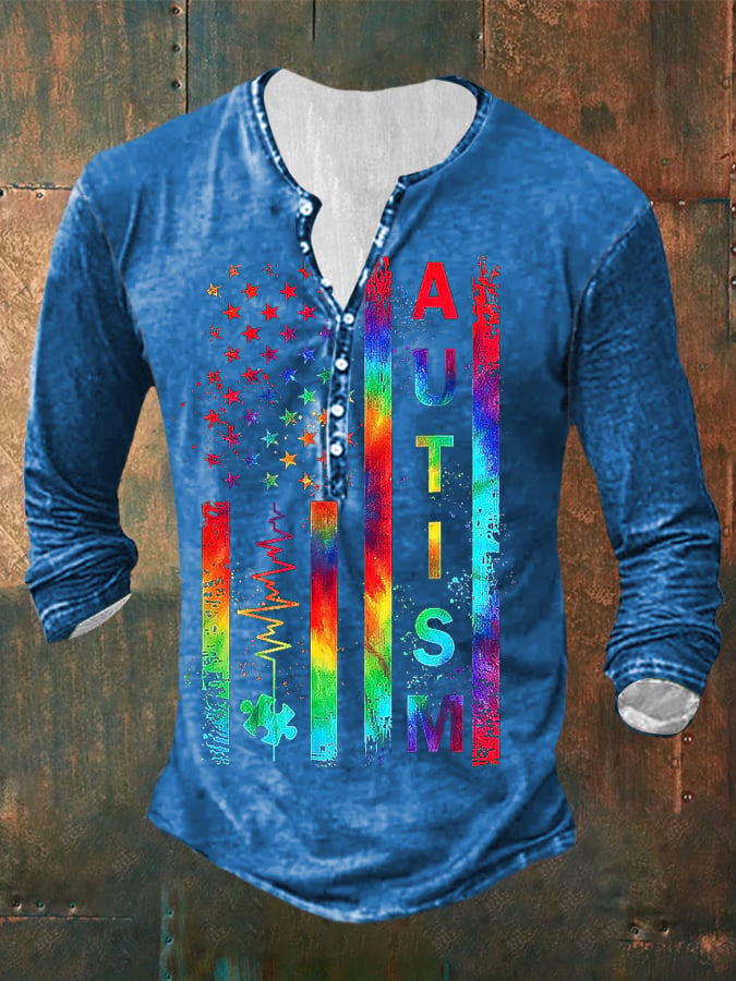 Men's Autism Awareness Casual Print Button T-Shirt