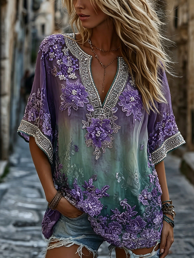 Classy Gradient Purple Lavender And Floral Art Linen Blend Loose Shirt
