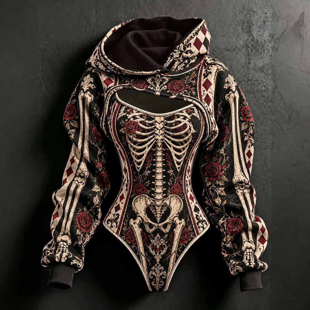 Women's Halloweenhalloween Gothic Skeleton & Floral Poker Print Hoodie Two-piece Set