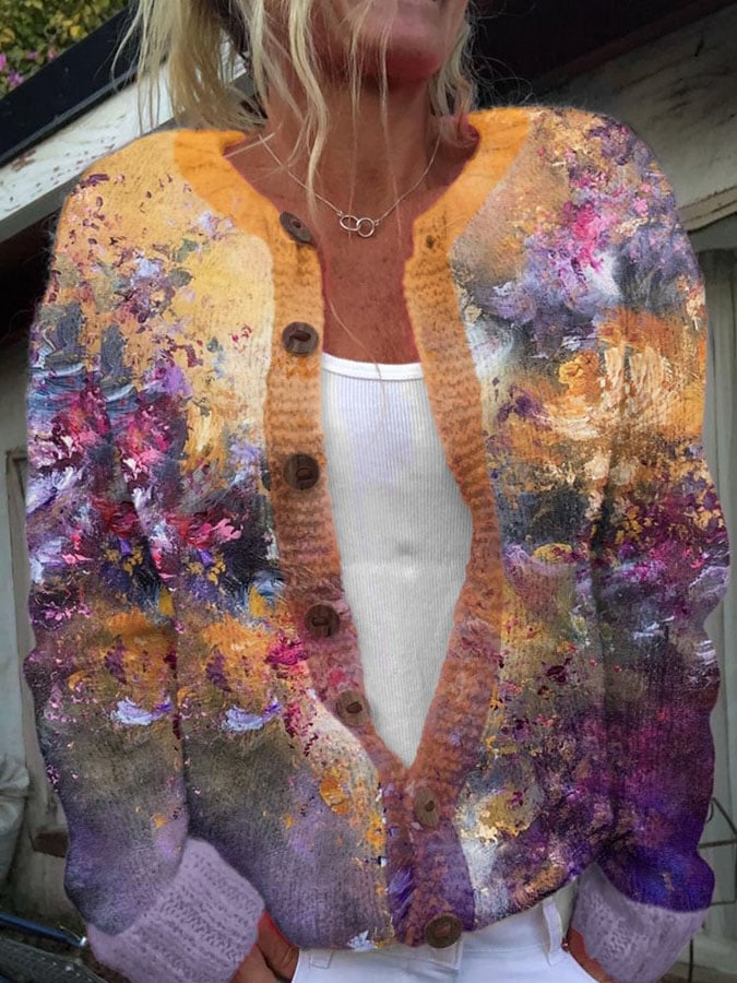 Women's Vintage Alzheimer's Awareness Purple Floral Print Cozy Knit Cardigan