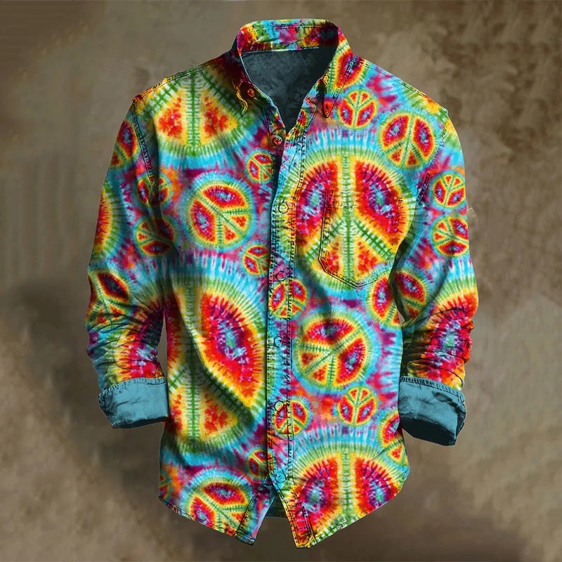 Men's Peace Hippie Gradient Pattern Print Long Sleeves Shirt