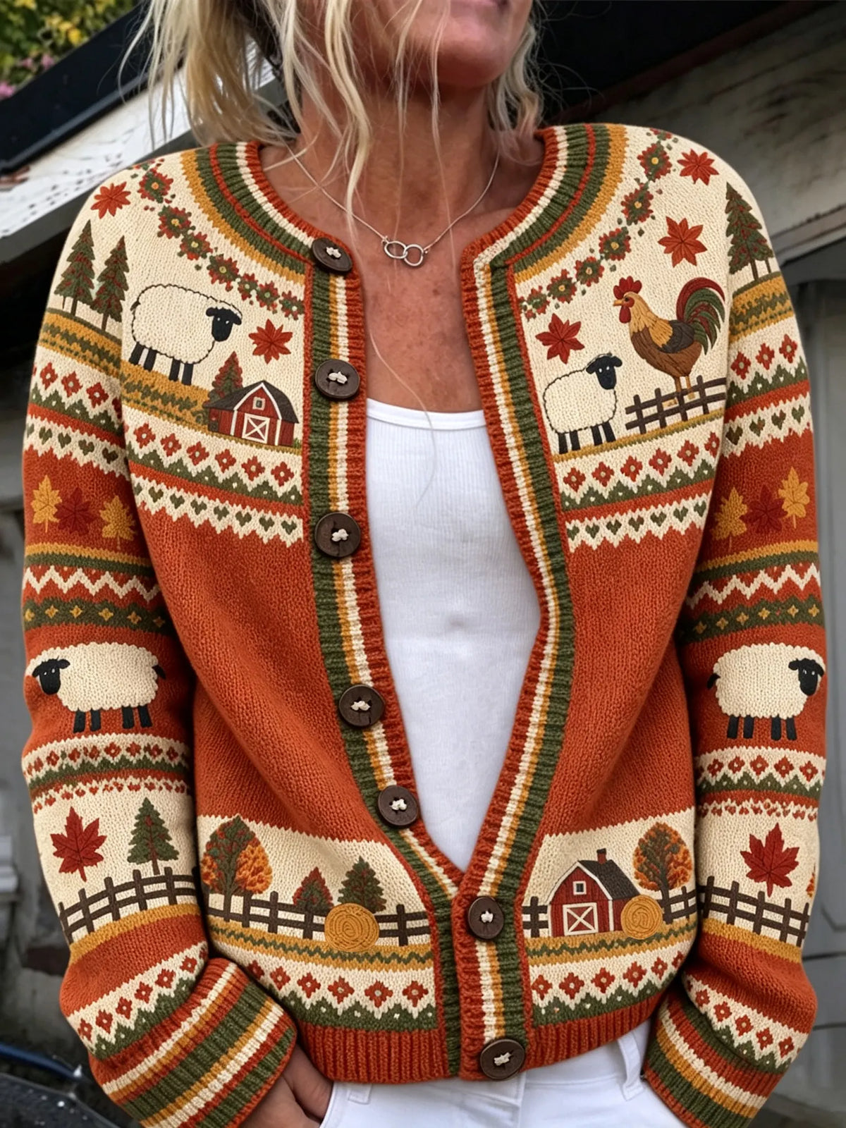 Women's Vintage Farm Animal Print Casual Knit Cardigan Sweater