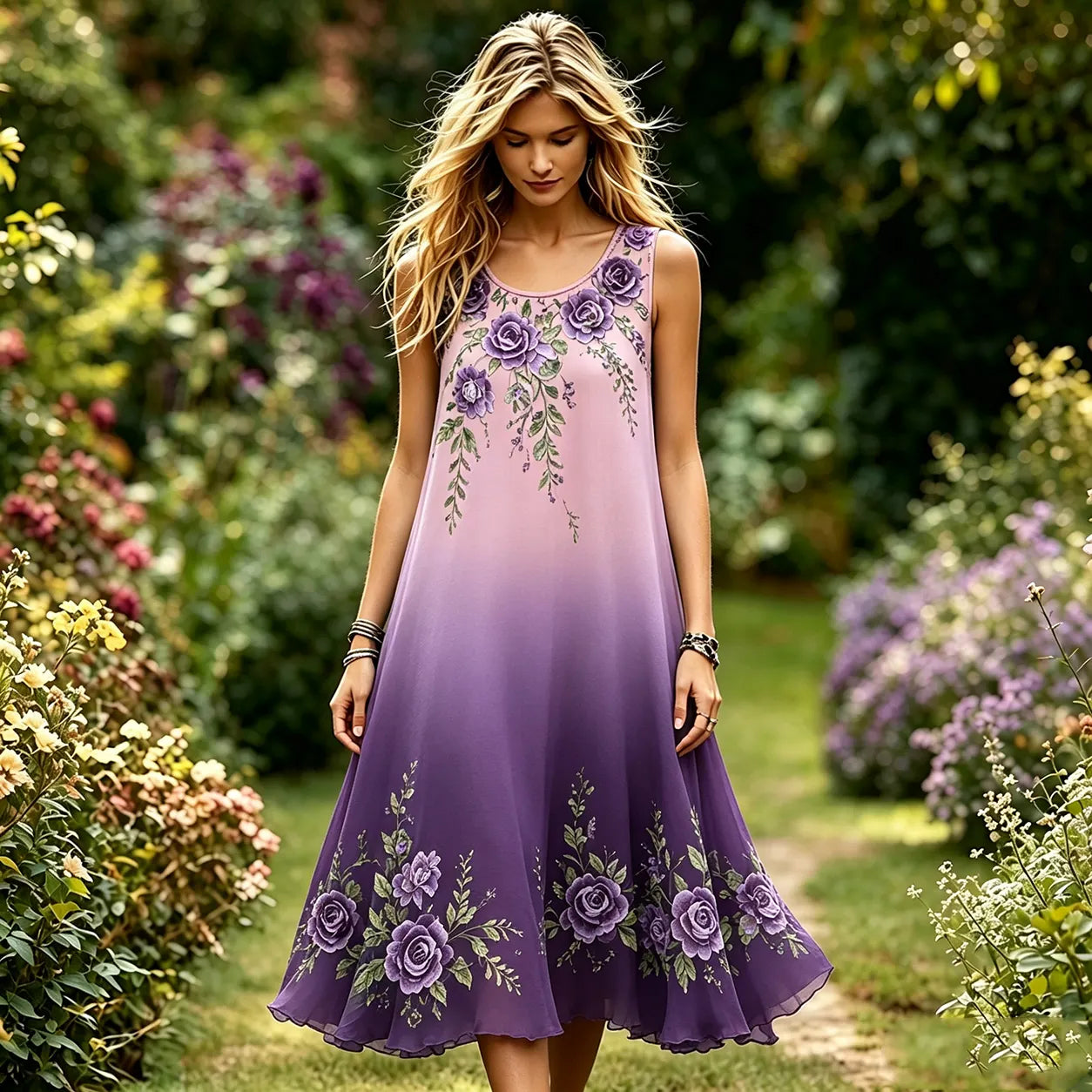 Women's Purple Rose Floral Gradient Pattern Casual Dress