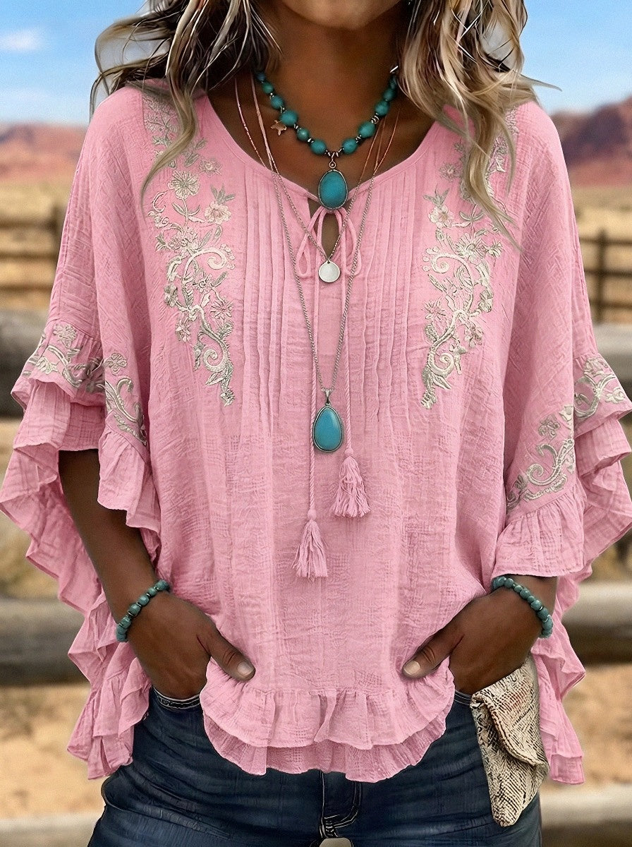 Women's Western Vintage Floral Embroidered Ruffle Sleeve Top