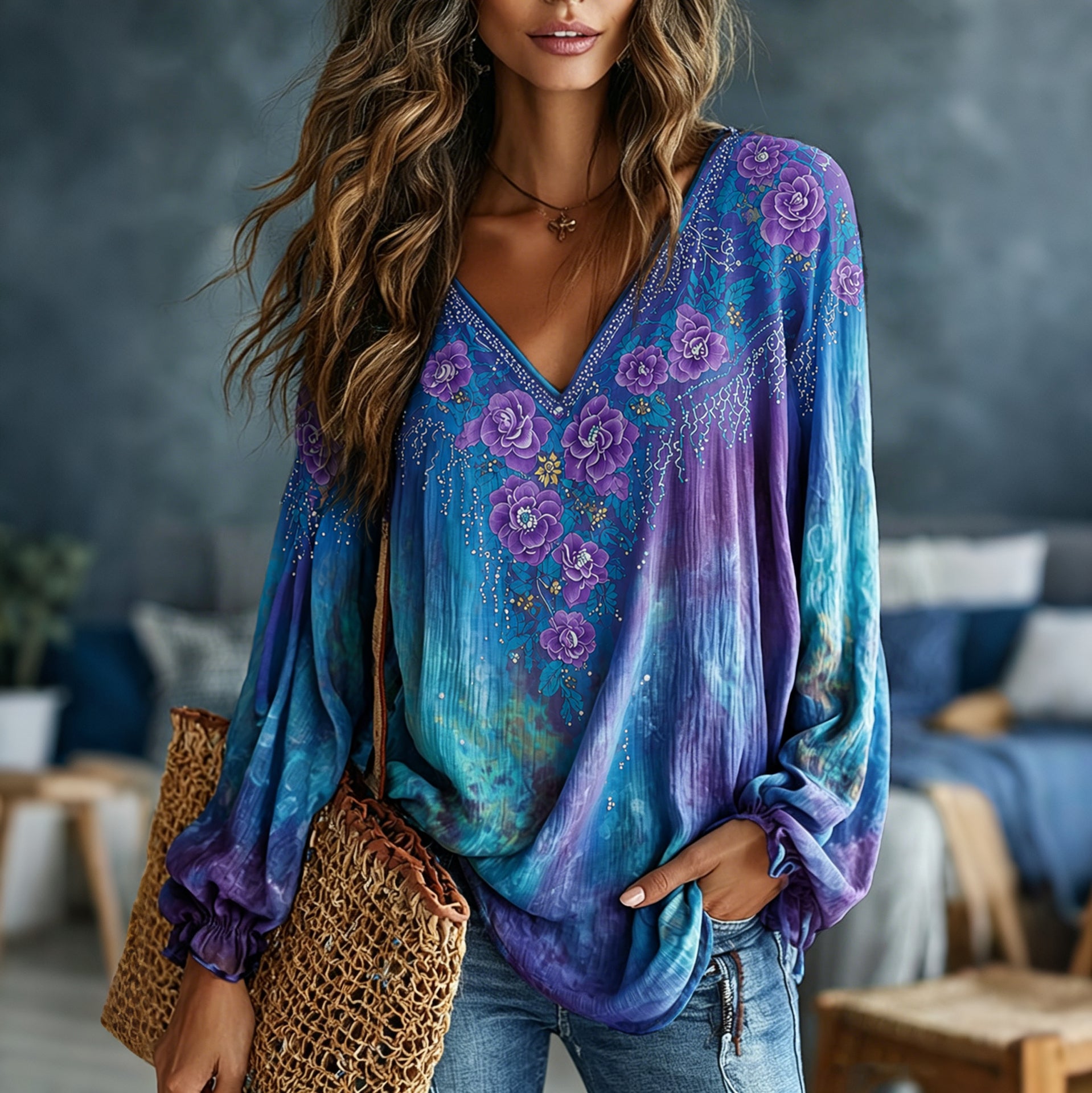 Women's Vintage Romantic Floral Art Linen Blend Long Sleeve Tops
