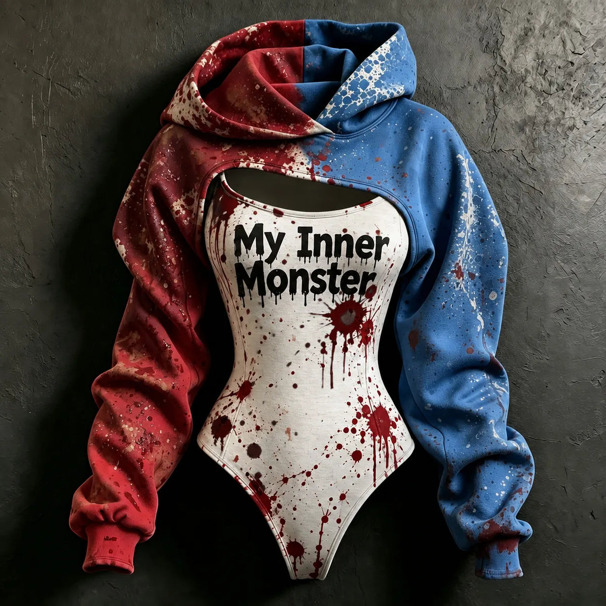Women's Halloween Bloody Monster Girl  Slogan Print Hoodie Two-piece Set