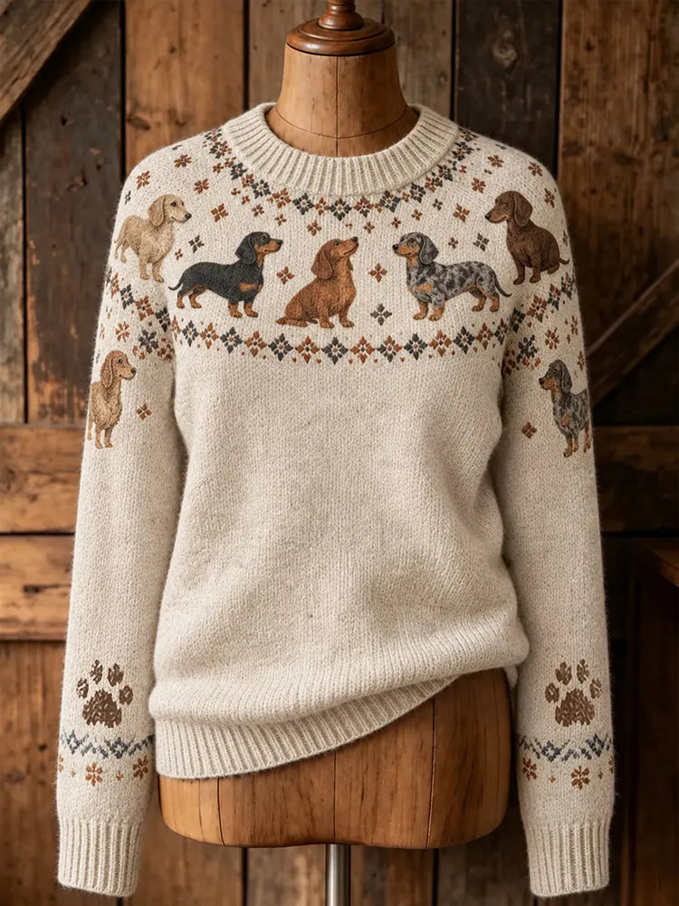 Women's Retro Dachshund Puppy Pattern Cozy Fair Isle Style Knit Sweater