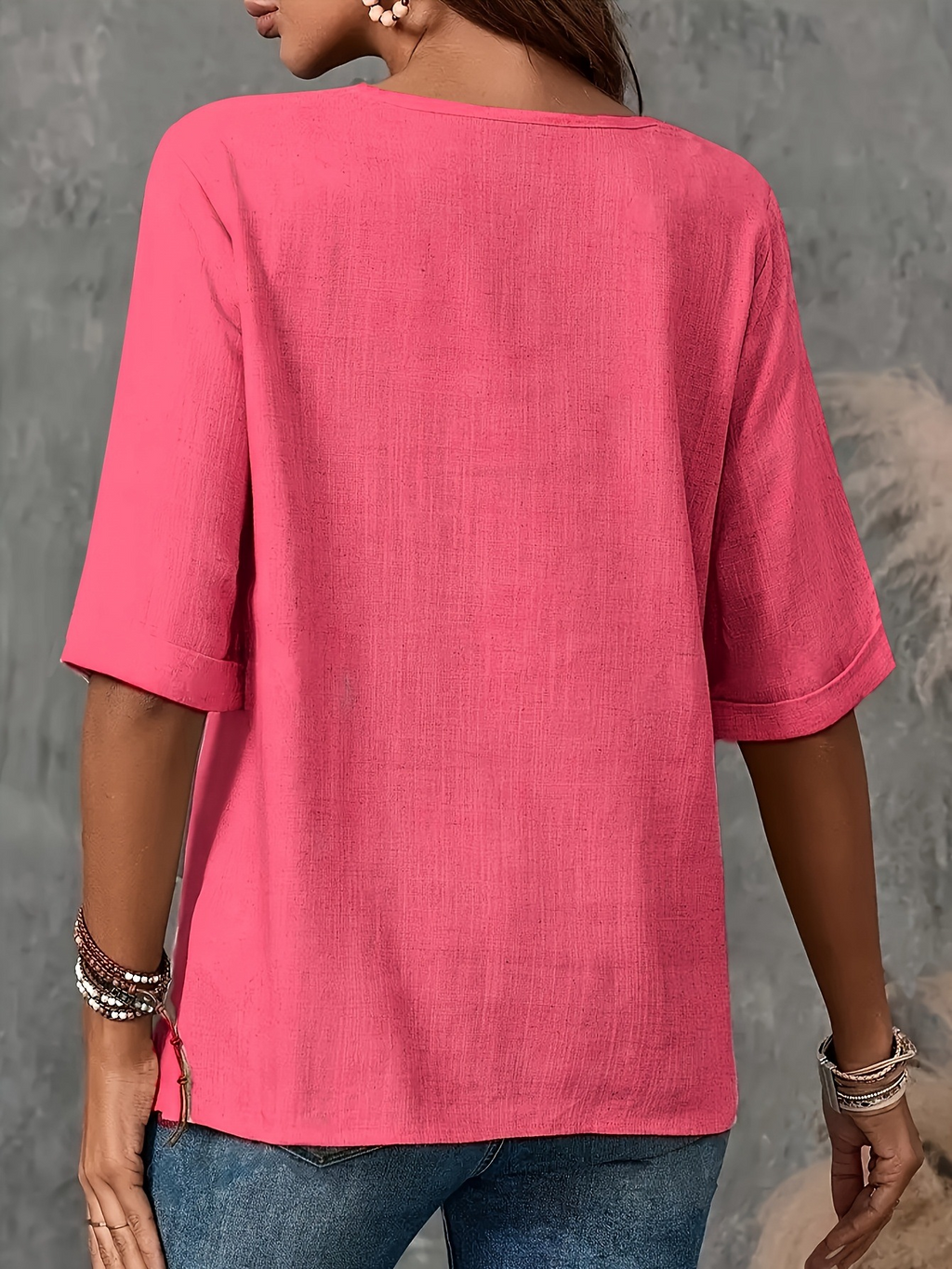 Women'S Button Casual Half Sleeve Solid Color Round Neck Top