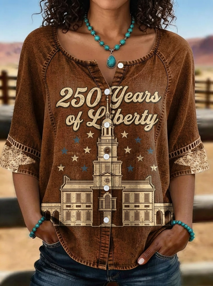 Women's Western Independence Day Liberty Hall Printed T-shirt
