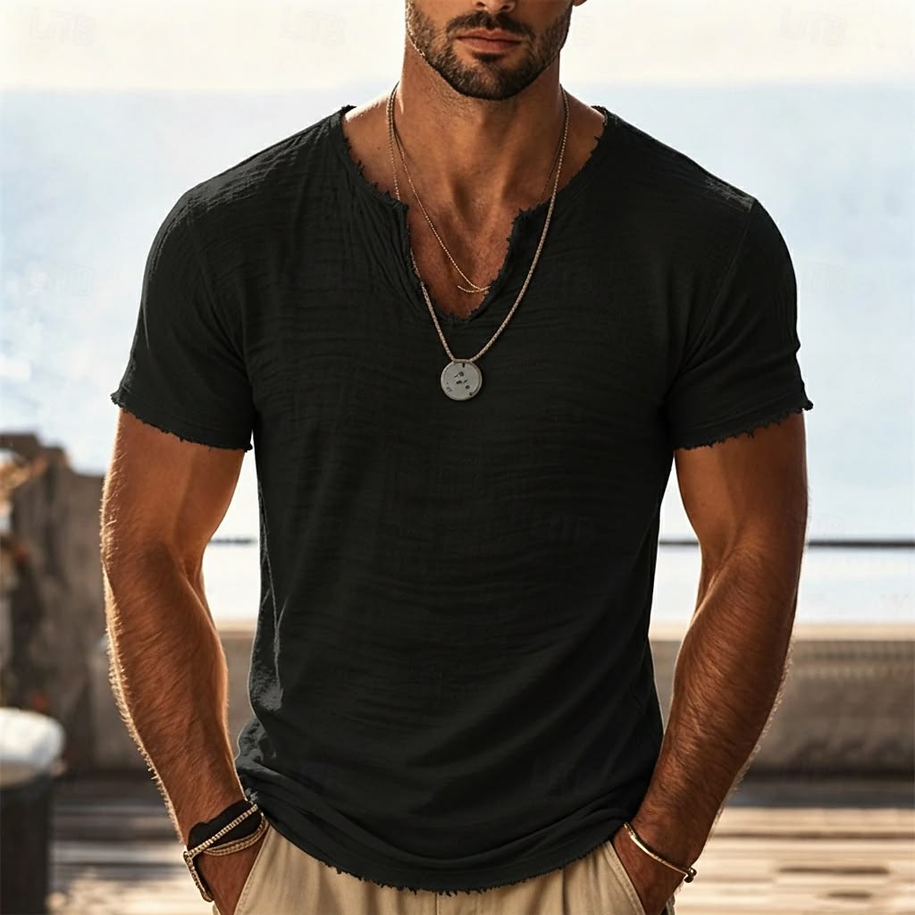 Men's Retro Cotton-Linen Short-Sleeve T-Shirt with Frayed Edges and Unique V-Neck