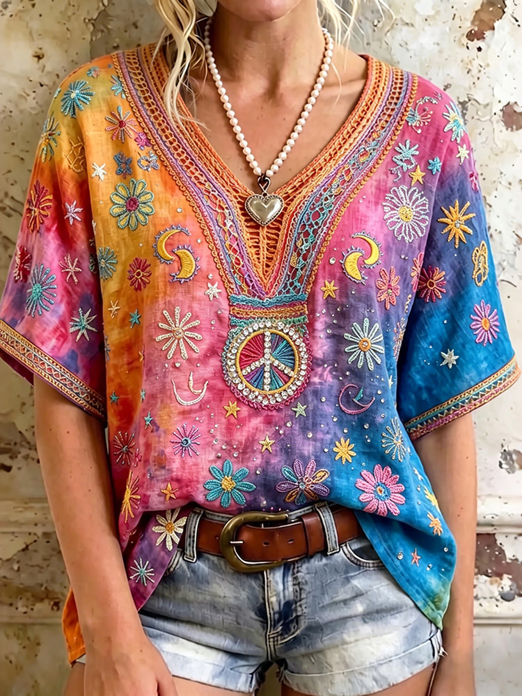Women's Retro Hippie Floral Art Linen Blend Short Sleeve Tops