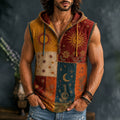 Men's Hippie Floral Sun Moon Patchwork Print Hooded Tank Top