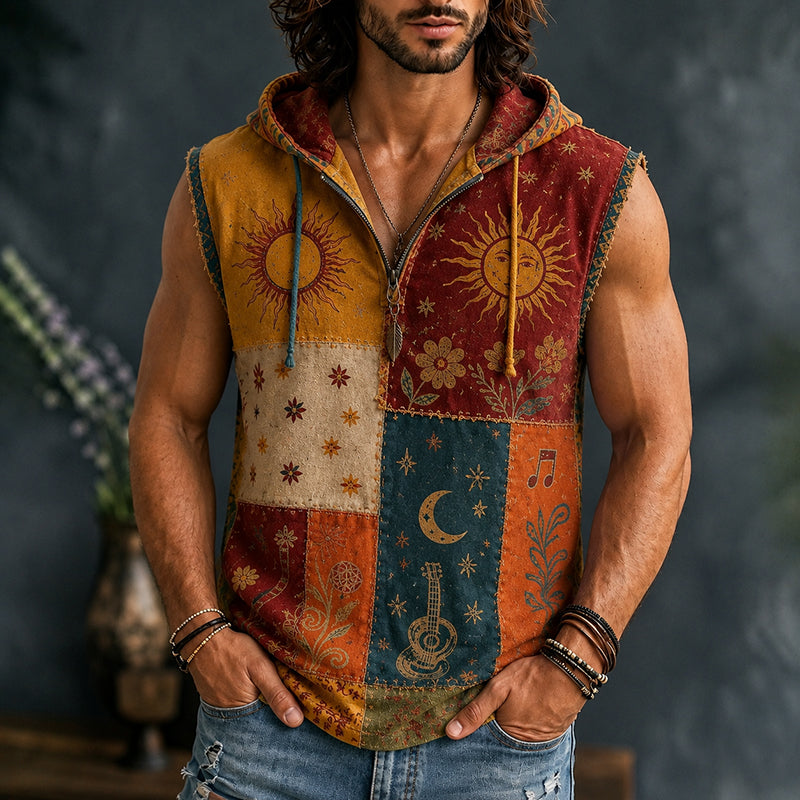 Men's Hippie Floral Sun Moon Patchwork Print Hooded Tank Top