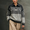 Fair Isle Collar Vintage Zipper Long-sleeve Jacquard Sweater