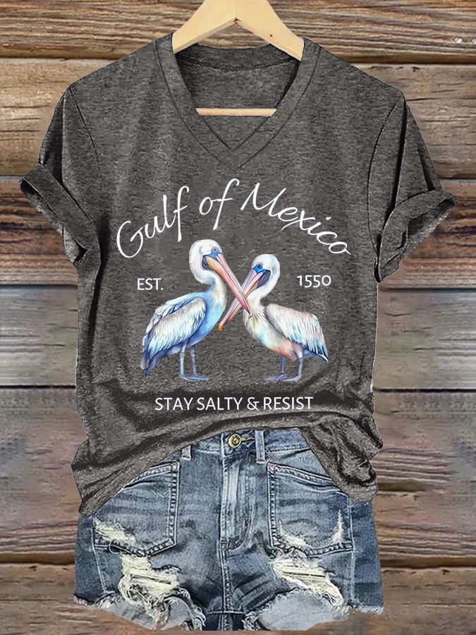 Women's Gulf Of Mexico Printed V Neck T-shirt
