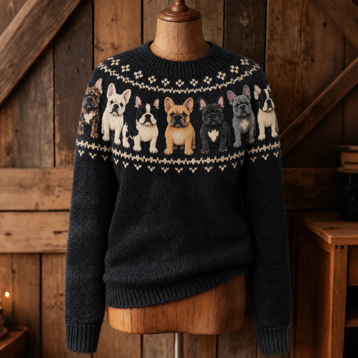 Women's Retro French Bulldogs Pattern Cozy Fair Isle Style Knit Sweater