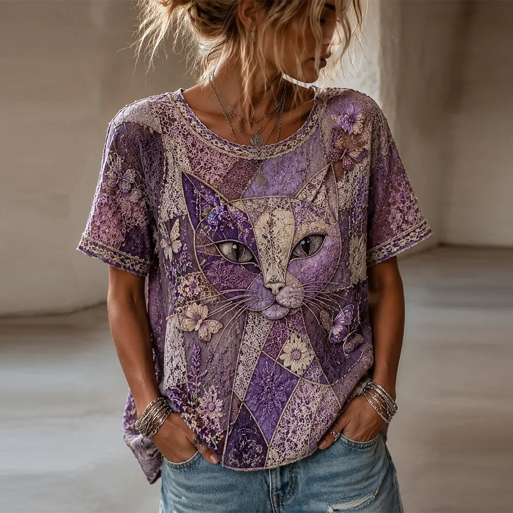 Women's Cat Deconstruction And Floral Art Crew Neck Short Sleeve Top