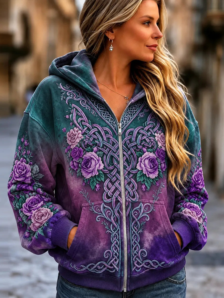 Women's Vintage Viking Celtic Knot And Rose Print Comfortable Warm Zip-up Hoodie