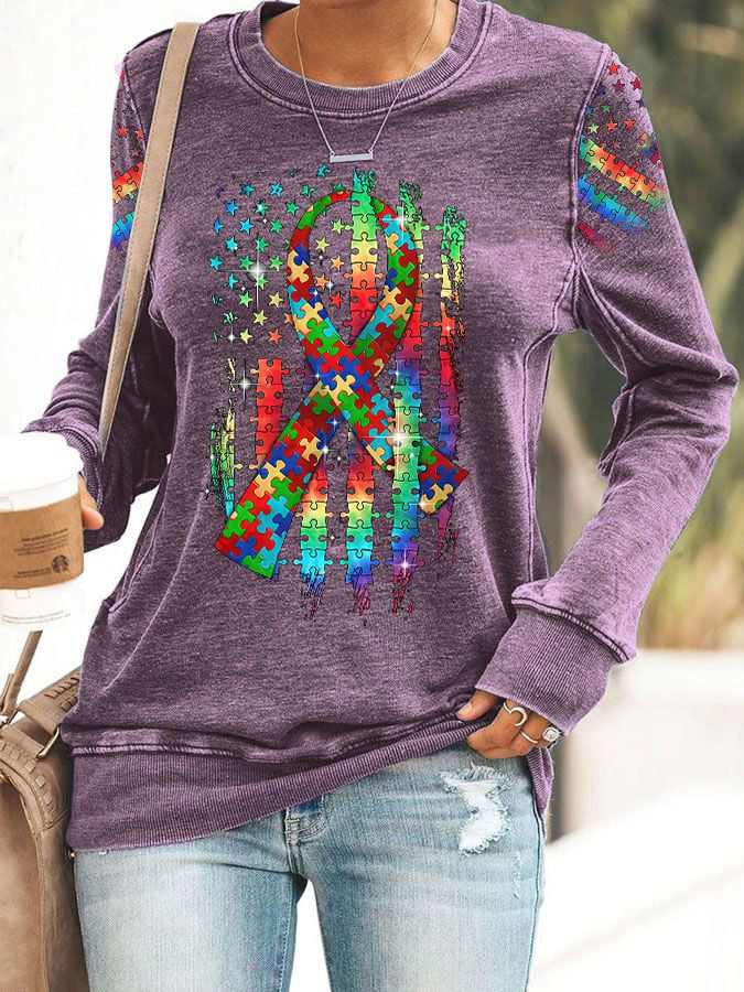 Women’s Retro Autism Awareness Colorful Puzzle Pieces Ribbon American Flag Print Sweatshirt