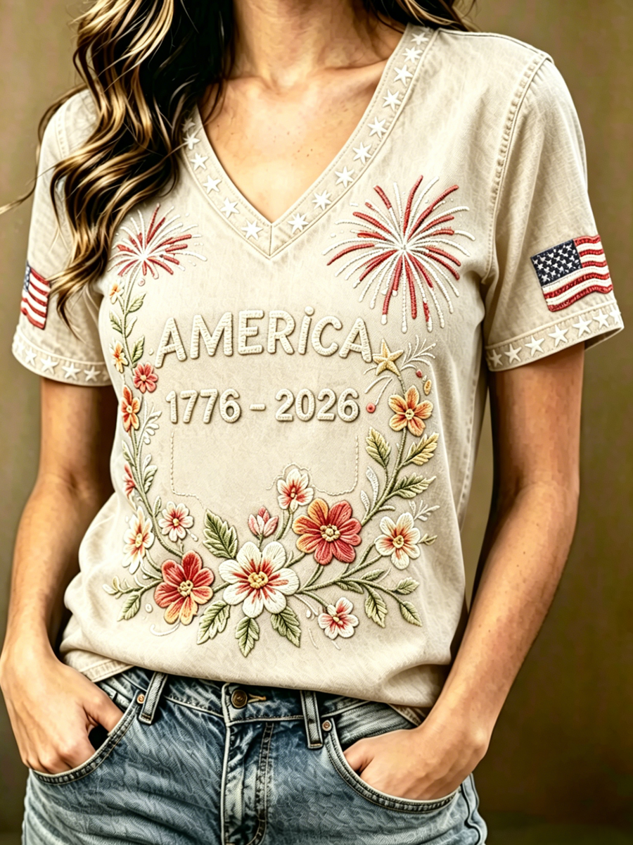 Women'S Retro American Flag Printed V-Neck T-Shirt