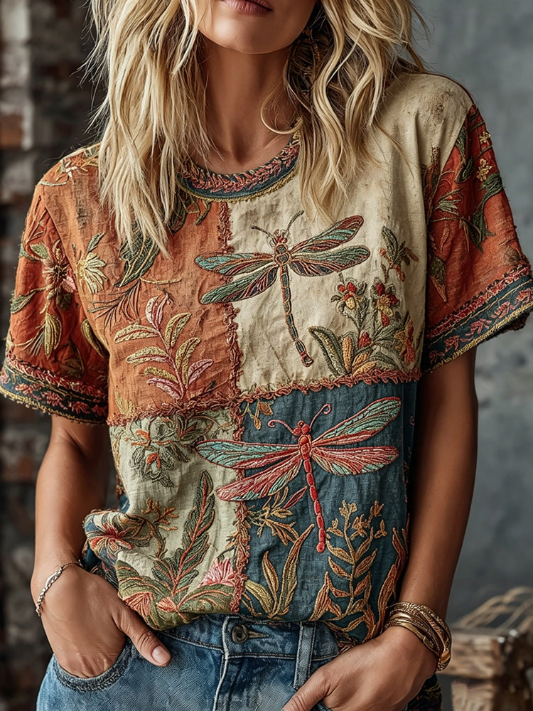 Women's Dragonfly And Floral  In Patchwork Art Print V Neck Linen Blend Short Sleeve Tops