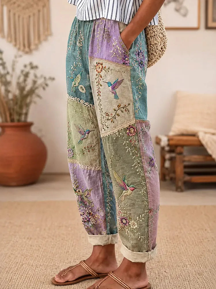 Women's Resort Patchwork Floral And Bird Patchwork Cotton Linen Trousers