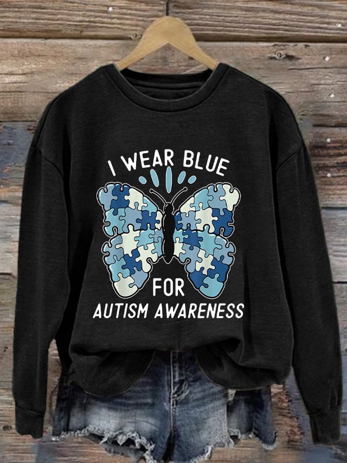 Retro Autism Awareness Butterfly I Wear Blue For Autism Awareness Print Sweatshirt