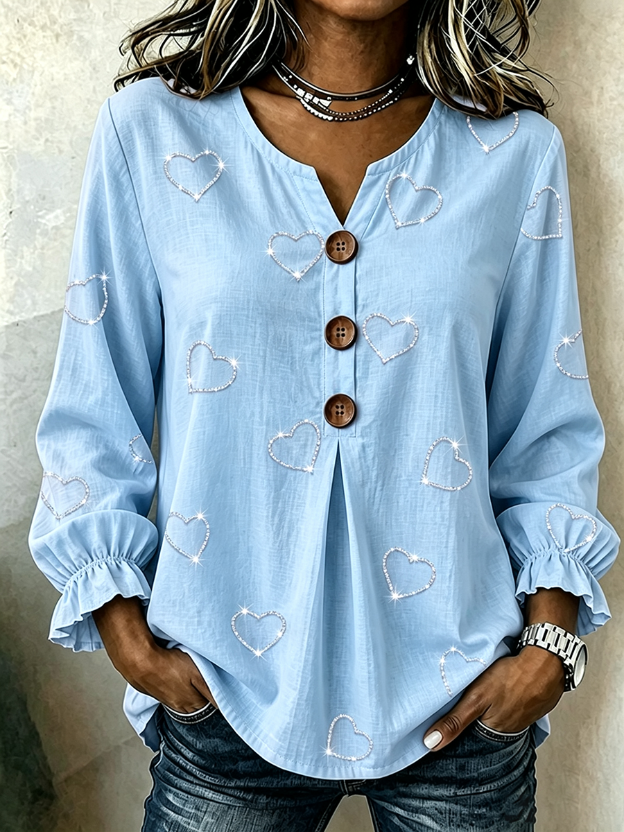 Women's Casual V-Neck Heart-Shaped Rhinestone Top