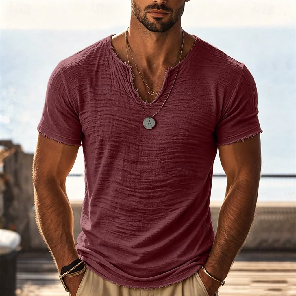 Men's Retro Cotton-Linen Short-Sleeve T-Shirt with Frayed Edges and Unique V-Neck