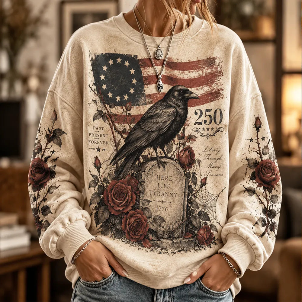 Women's Patriotic American Flag And Raven Tombstone Pattern Sweatshirt