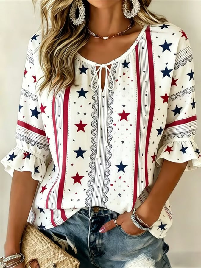 Women's Round Neck Patriot Print Cotton And Linen Top