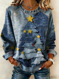Women's Casual Denim Christmas Tree Print Sweatshirt