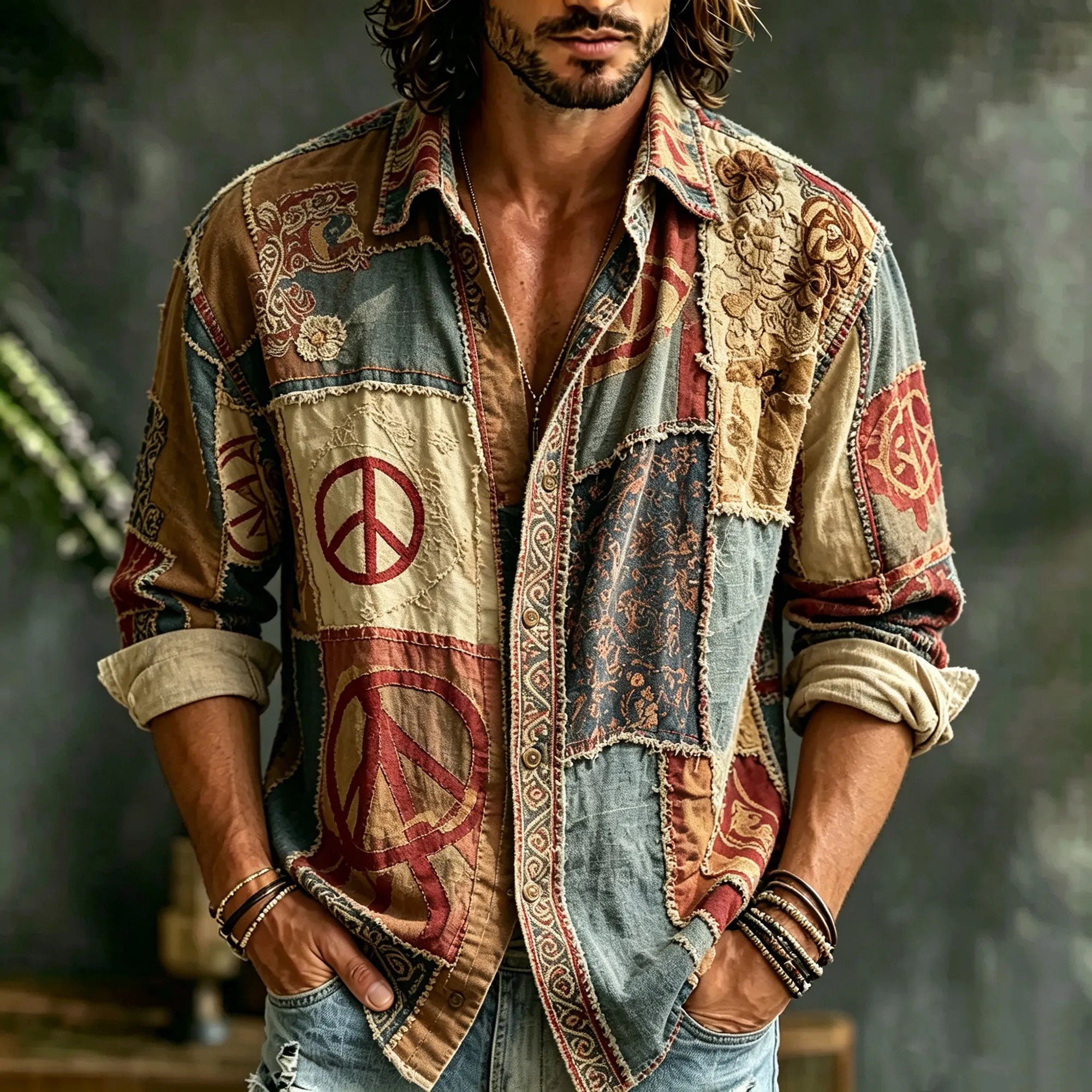 Men's Hippie Vintage Distressed Peace Sign Patchwork Long Sleeve Shirt