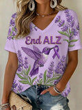 Women's Alzheimer's Awareness Floral Art V-Neck Short-Sleeve T-Shirt