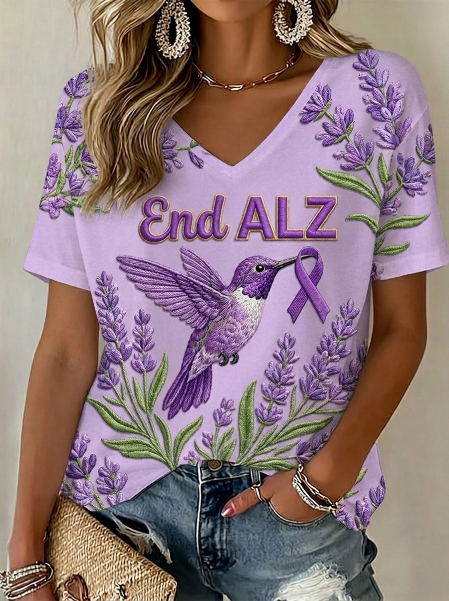 Women's Alzheimer's Awareness Floral Art V-Neck Short-Sleeve T-Shirt