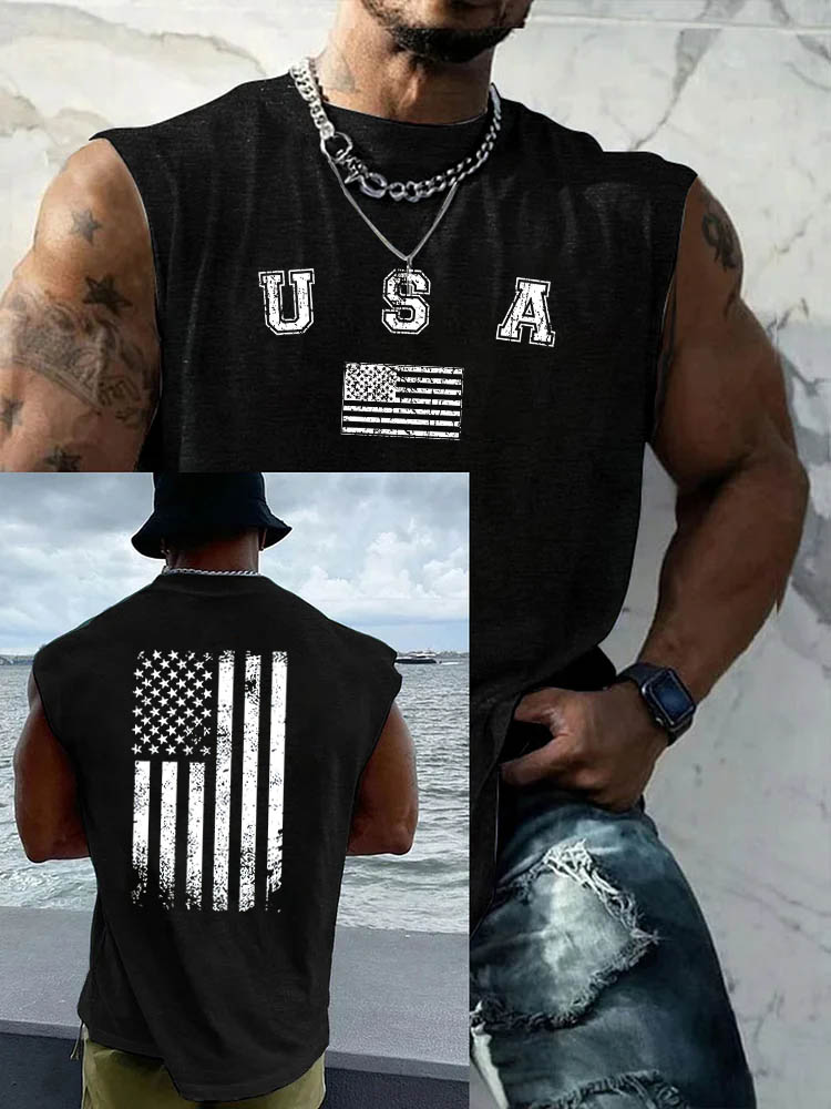USA Pattern Round Neck 100% Cotton Tank Top