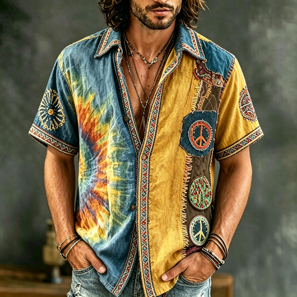 Men's Causal Spring Tie-dye Hippie Peace Patchwork Art Print Flowy Linen Blend Shirt