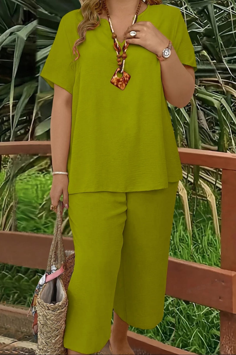 Elegant Plus Size Women's Solid Color Short Sleeve Fashion Top & Casual Wide Leg Pants Set