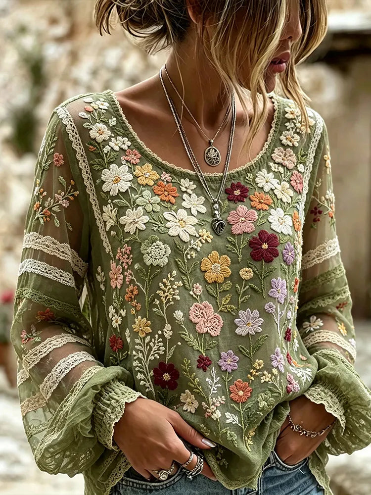 Women's Vintage Colorful Floral And Lace Art Cotton Linen Round Neck Long Sleeve Top