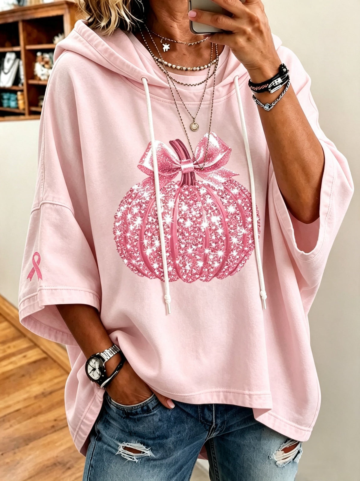 Women's Pink Pumpkin-Print Hoodie
