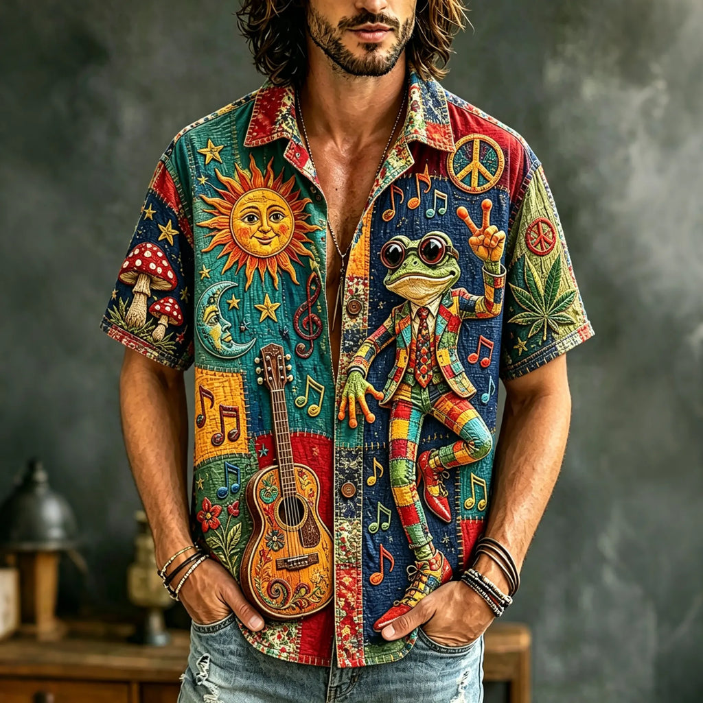 Men's Boho Frog Music Patchwork Psychedelic Peace & Sun Moon Art Print Casual Shirt