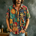 Men's Boho Frog Music Patchwork Psychedelic Peace & Sun Moon Art Print Casual Shirt