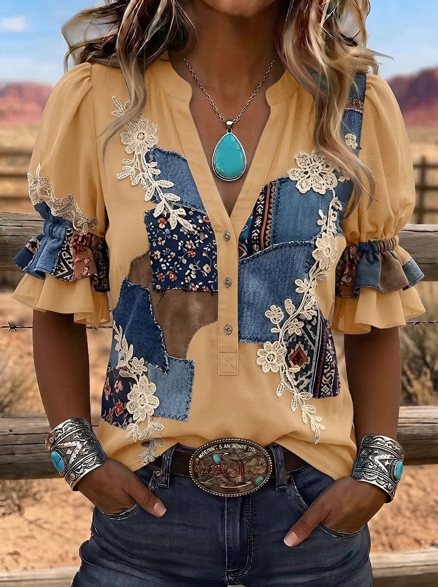 Women's Western Vintage Floral Patchwork Printed Top