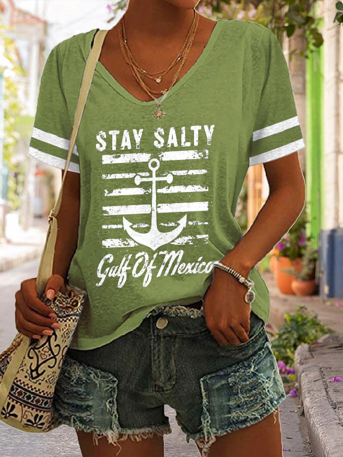 Women's Stay Salty Gulf Of Mexico Print V Neck T-Shirt
