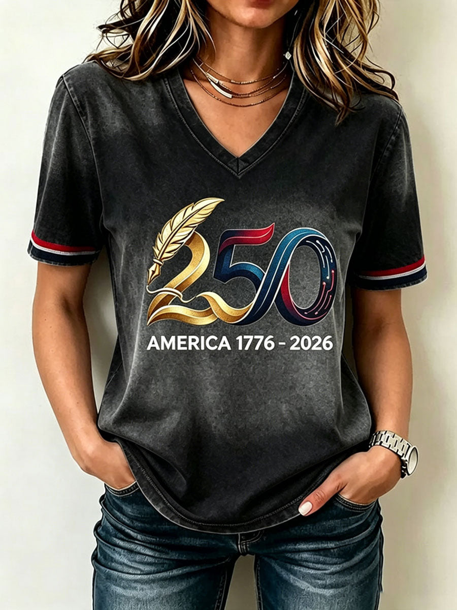 Women's America 250 Years 1776-2026 Print V Neck T-shirt