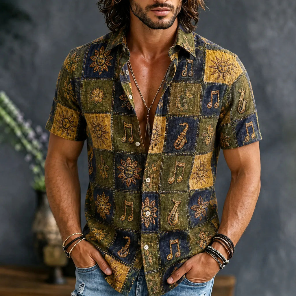 Men's Vintage Hippie Patchwork Music Note And Sun Art Print Casual Shirt