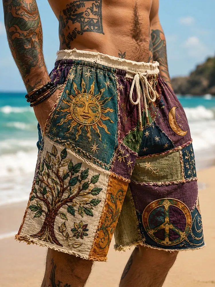 Men's Hippie Sun Tree Of Life Patchwork Print Casual Shorts